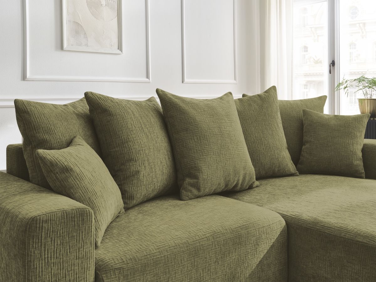 Bobochic Atilla Ecksofa mit Schlaffunktion und Bettkasten Strukturstoff Grün Ecke rechts