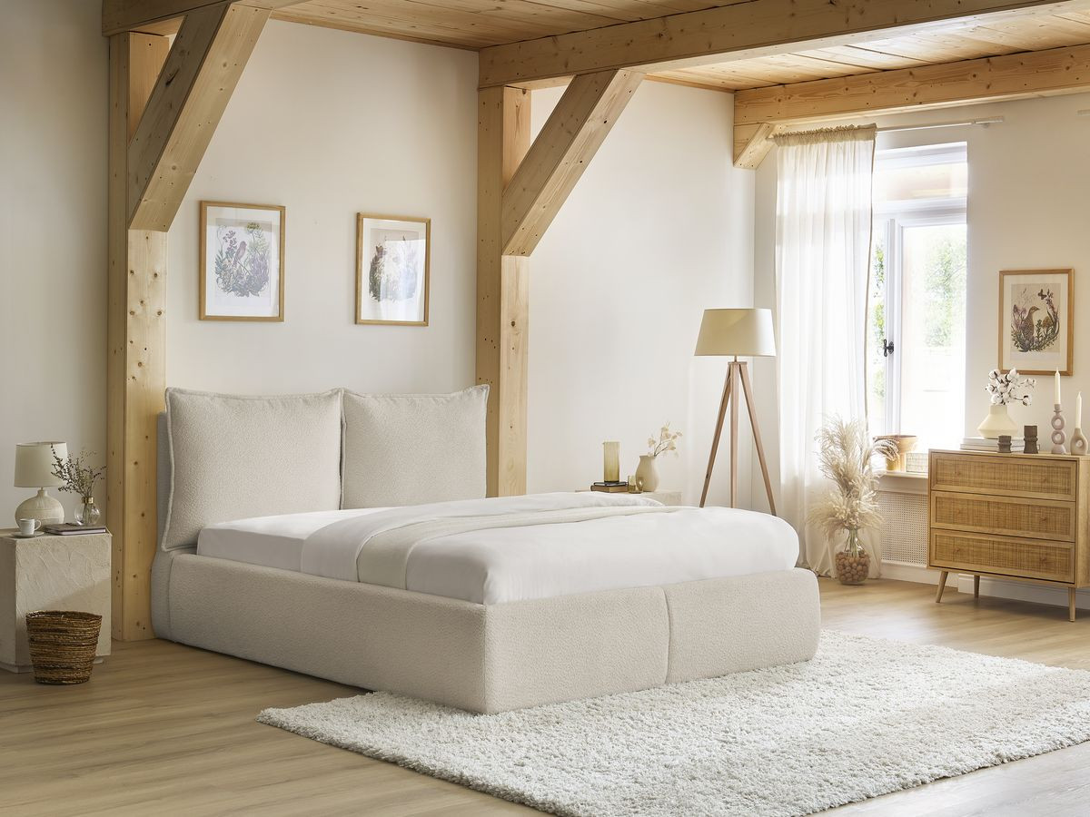Bobochic Garance Polsterbett mit Bettkasten Bouclé-Stoff Beige, Liegefläche 160 × 200 cm