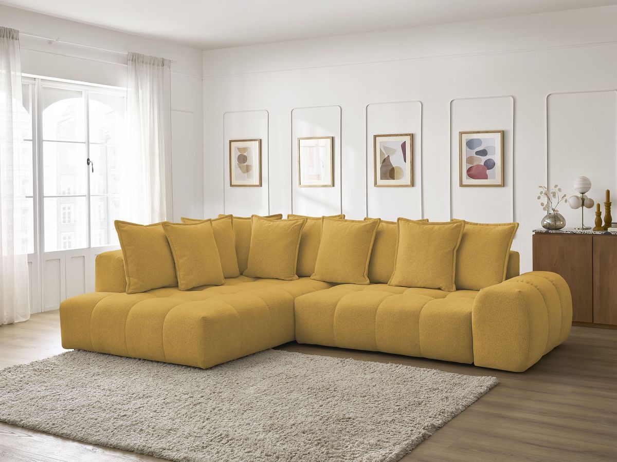 Bobochic Everest Ecksofa mit Schlaffunktion und Bettkasten 320 × 212 cm, 10 Kissen Melange-Stoff Gelb Ecke links