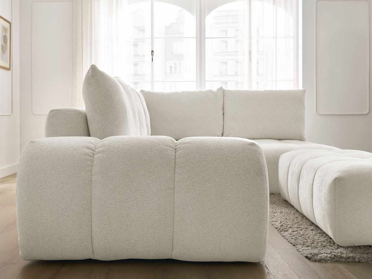 Bobochic Everest Ecksofa mit Schlaffunktion und Bettkasten und Pouf 320 × 212 cm, 5 Kissen Melange-Stoff Weiß Ecke rechts