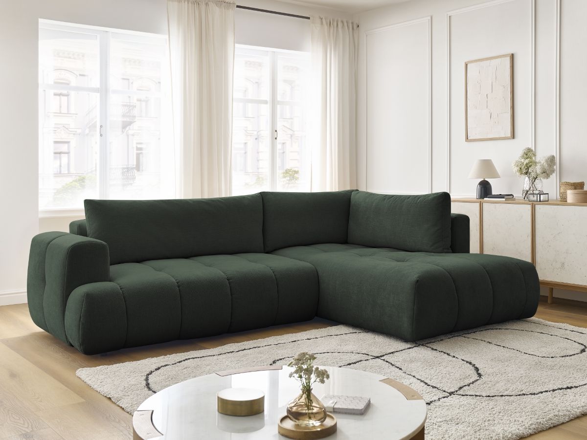 Bobochic Fuji Ecksofa mit Schlaffunktion und Bettkasten 282 × 204 cm Stoff Grün Ecke rechts