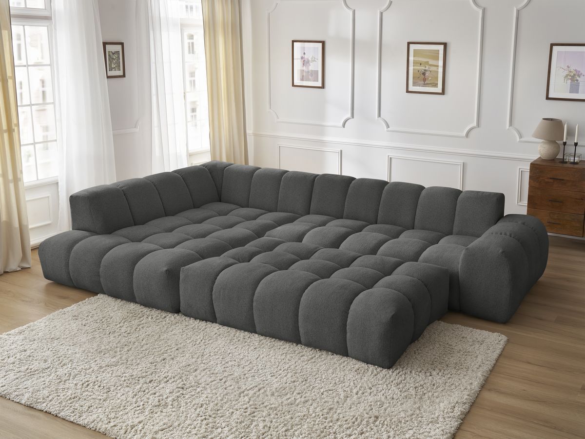 Bobochic Everest Ecksofa mit Schlaffunktion und Pouf, 10 Kissen Melange-Stoff Dunkelgrau Ecke links
