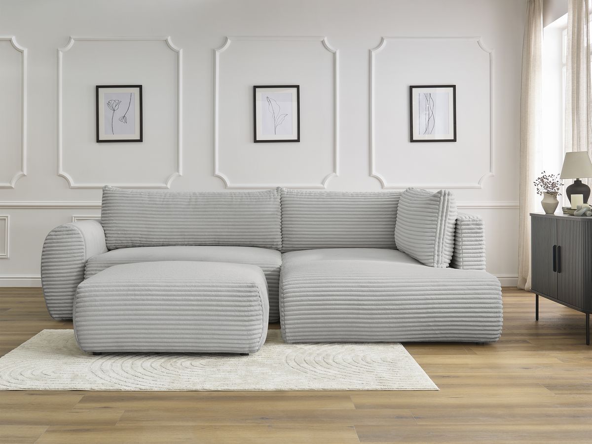 Bobochic Lucien Ecksofa mit Schlaffunktion und Bettkasten und Pouf 296 × 198 cm Breitcord weich Hellgrau Ecke rechts