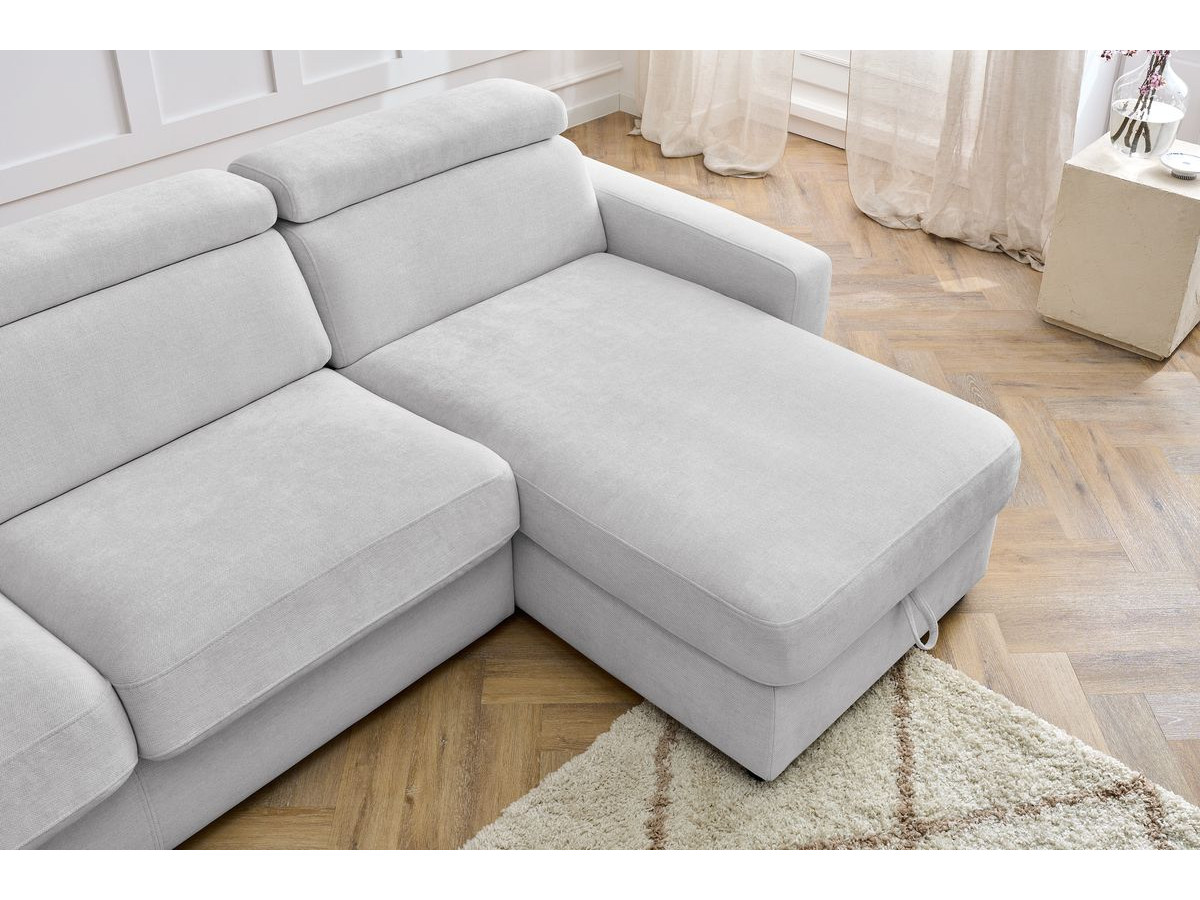 Bobochic Monaco Ecksofa mit Schlaffunktion und Bettkasten Stoff Hellgrau, Liegefläche 140 × 190 cm