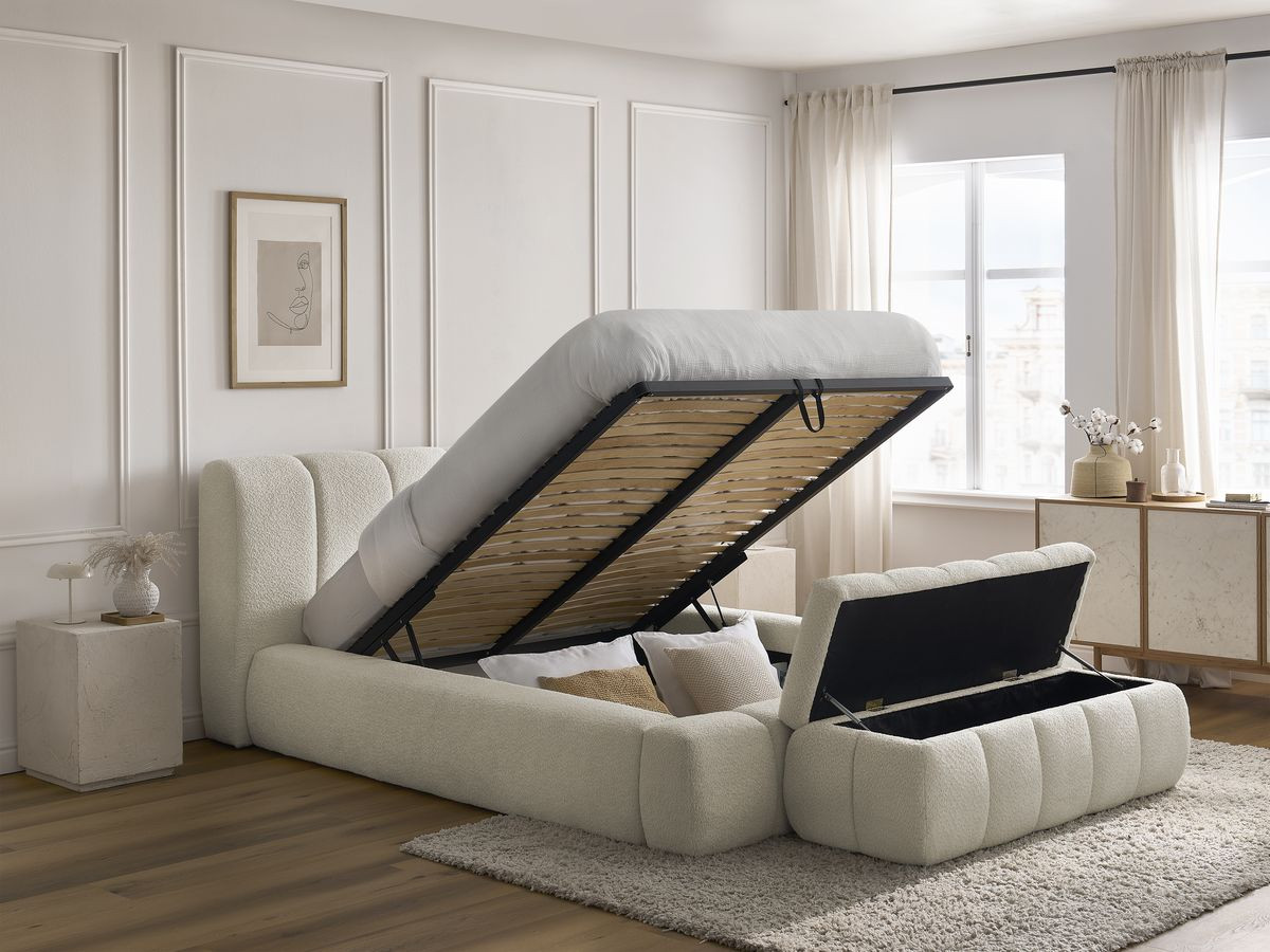 Bobochic Denali Polsterbett mit Bettkasten mit Bettbank Bouclé-Stoff Weiß, Liegefläche 180 × 200 cm