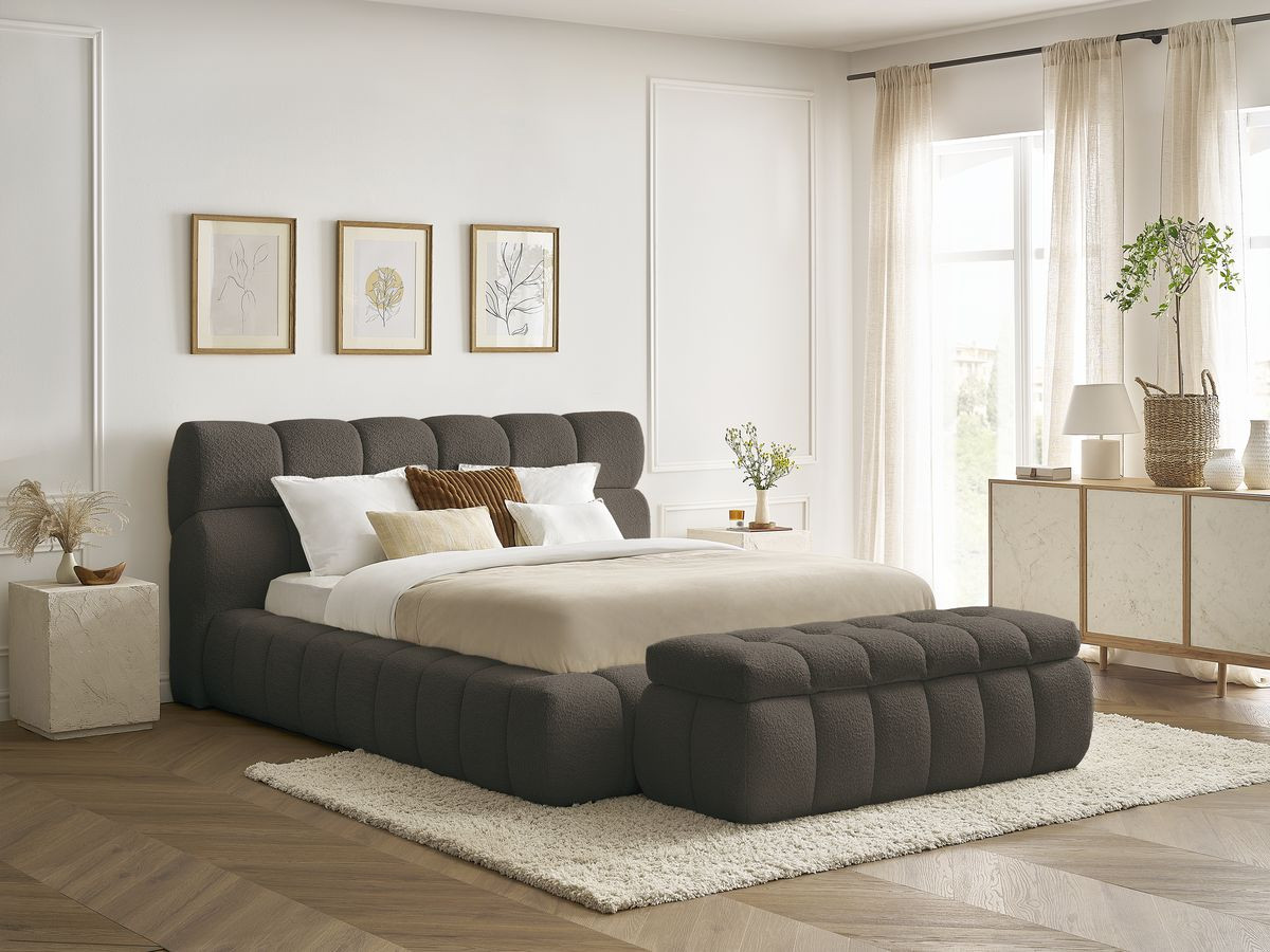 Bobochic Mont-blanc Polsterbett mit Bettkasten mit Bettbank Bouclé-Stoff Braun, Liegefläche 140 × 190 cm