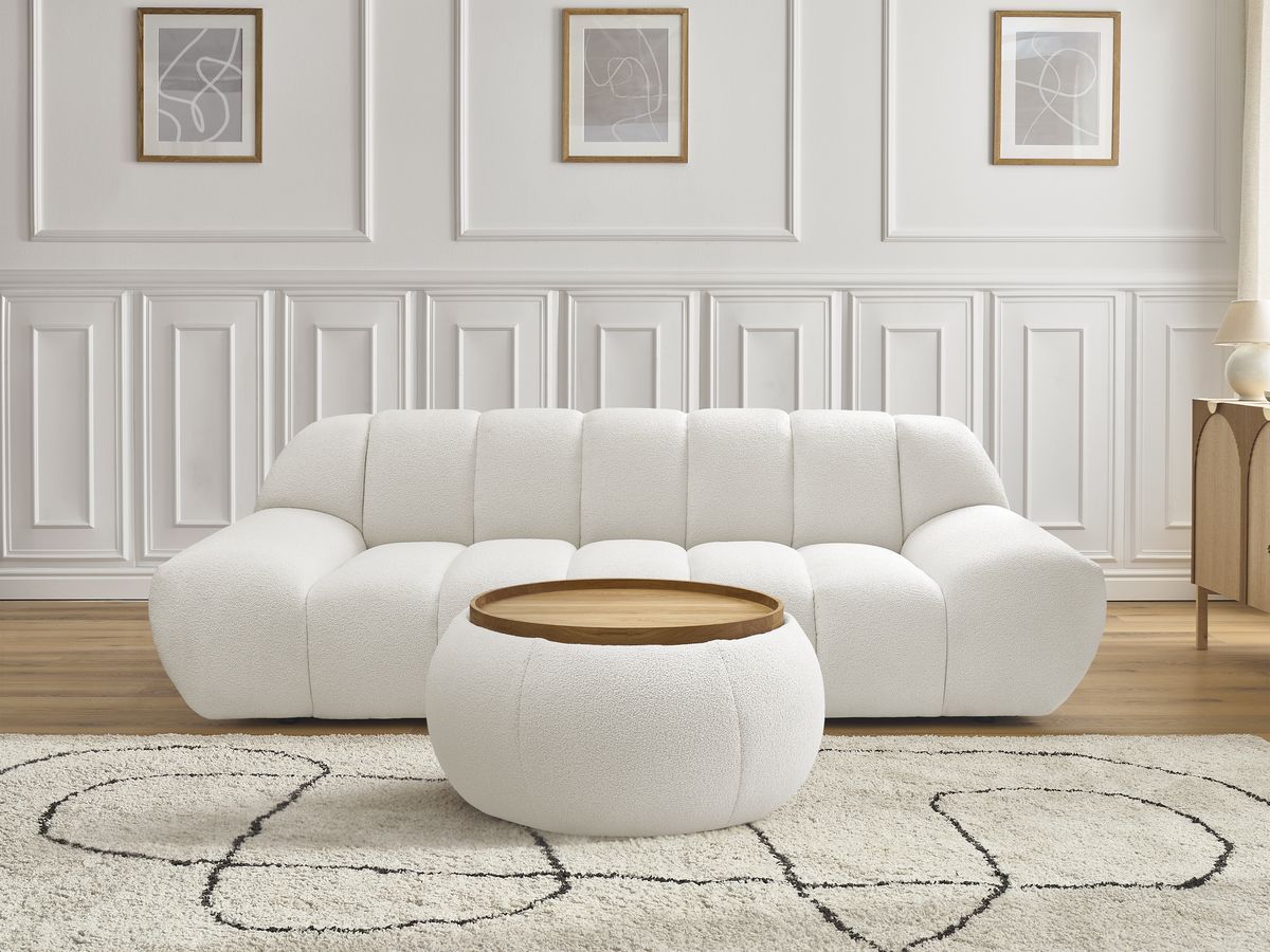 Bobochic Hayden Sofa 2-Sitzer mit Pouf Bouclé-Stoff Weiß