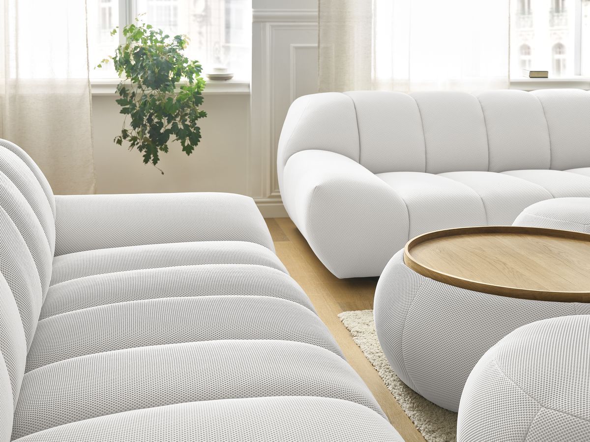 Bobochic Hayden Sofa-Set 3- und 2-Sitzer mit 3 Poufs Mesh-Stoff Weiß