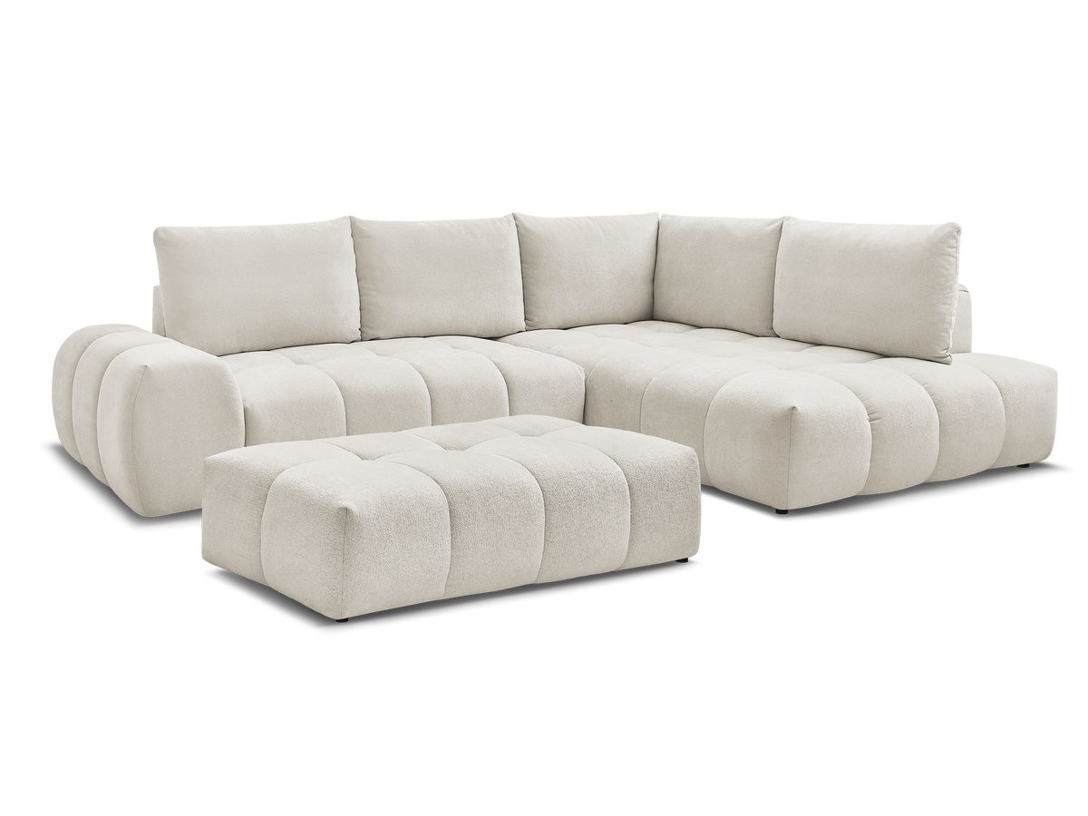Bobochic Everest Ecksofa mit Schlaffunktion und Bettkasten und Pouf 320 × 212 cm, 5 Kissen Strukturstoff Beige Ecke rechts