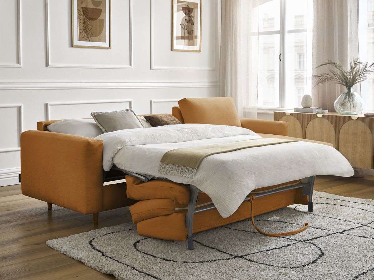 Bobochic Cocoone Ecksofa mit Schlaffunktion und Bettkasten Stoff Gelb, Liegefläche 160 × 200 cm