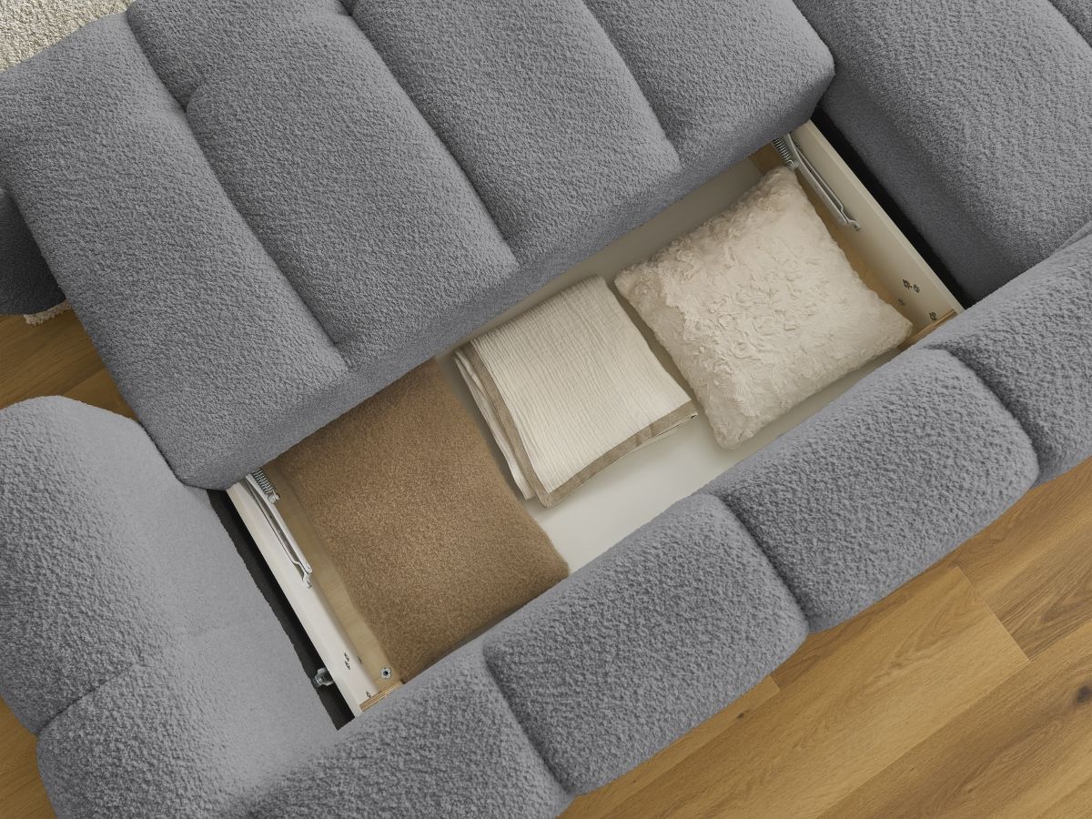 Bobochic Fuji Ecksofa mit Schlaffunktion und Bettkasten und Pouf 292 × 160 cm Bouclé-Stoff Dunkelgrau Ecke links