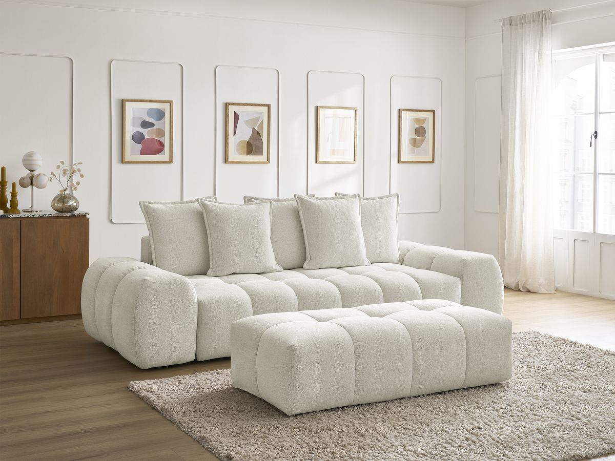 Bobochic Everest Sofa 3-Sitzer mit Pouf, 5 Kissen Melange-Stoff Weiß