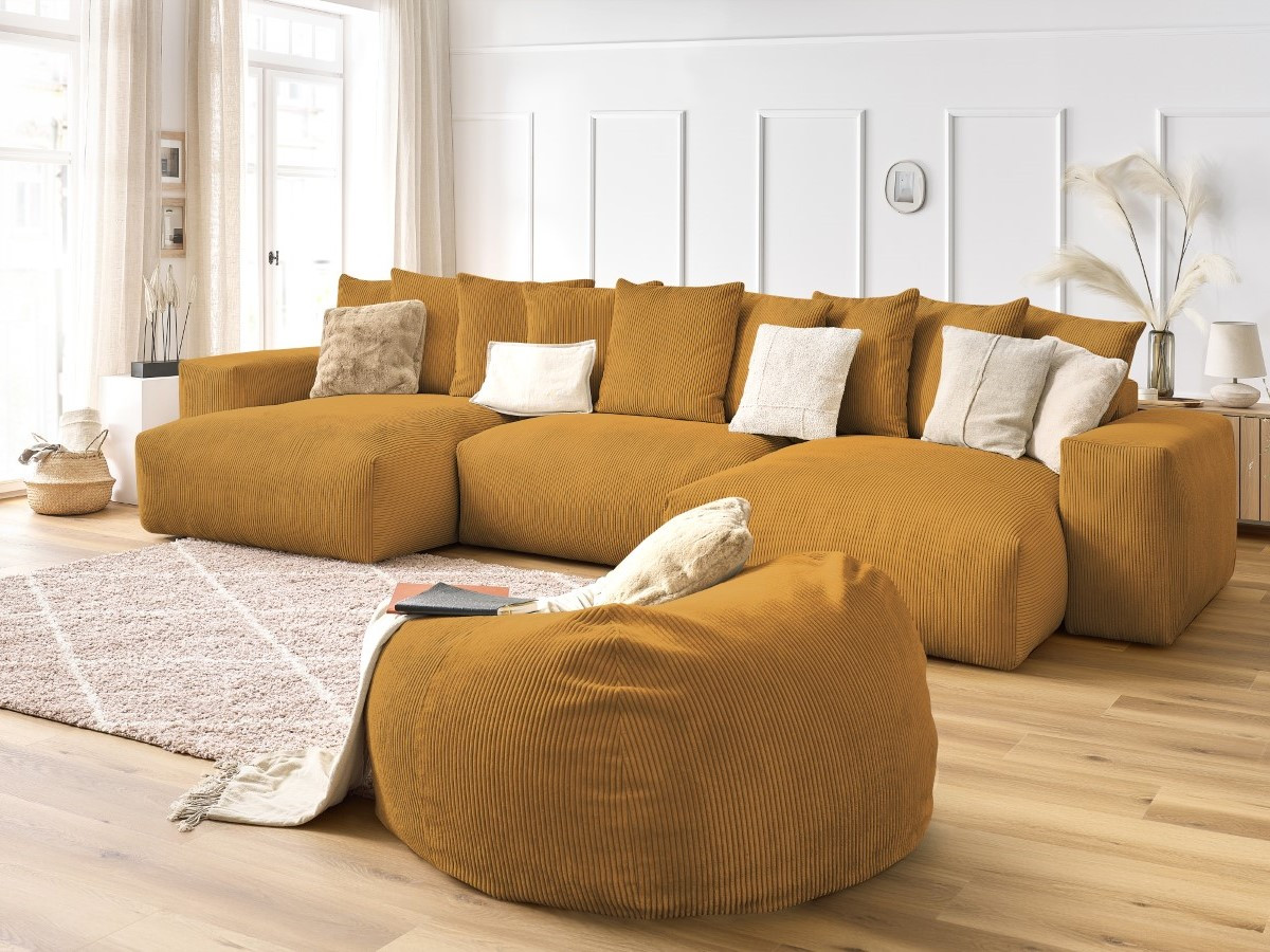 Bobochic Voltaire Wohnlandschaft mit Pouf 420 × 174 cm Cordsamt Gelb