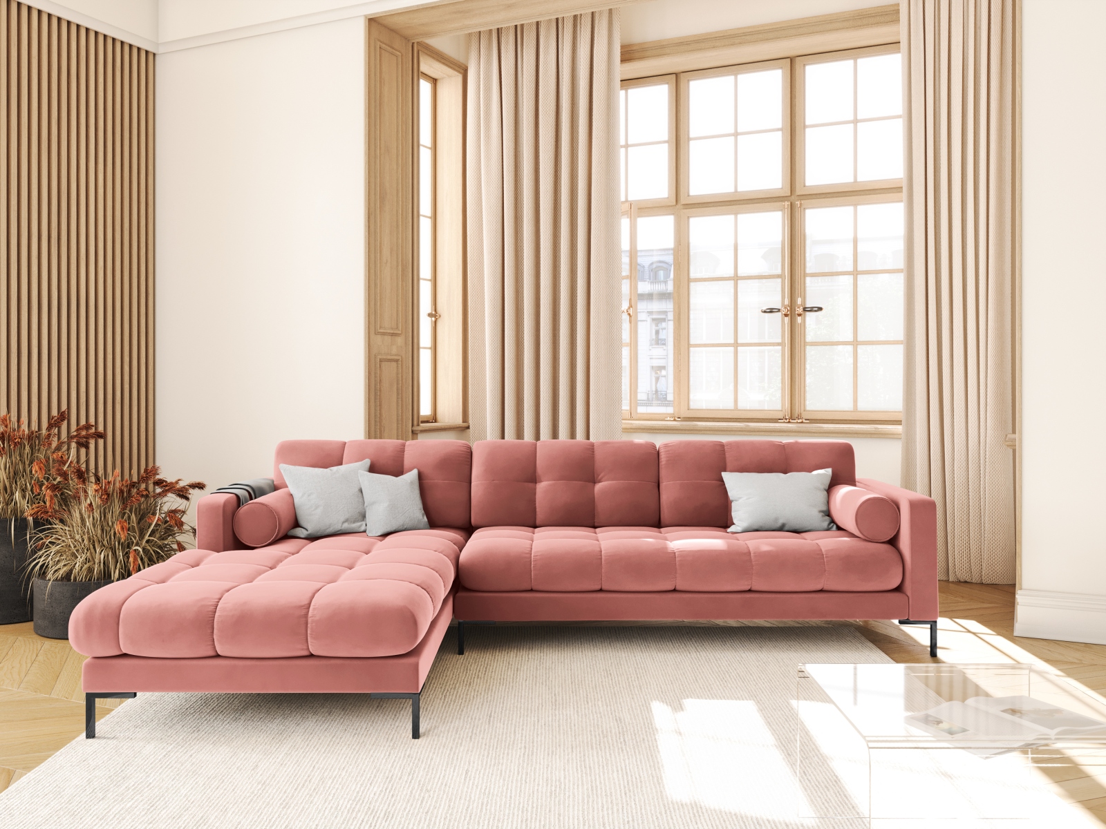 Cosmopolitan Design Ecksofa Bali 5-Sitzer Samt Bluvel Rosa Links Beine Schwarzes Metall