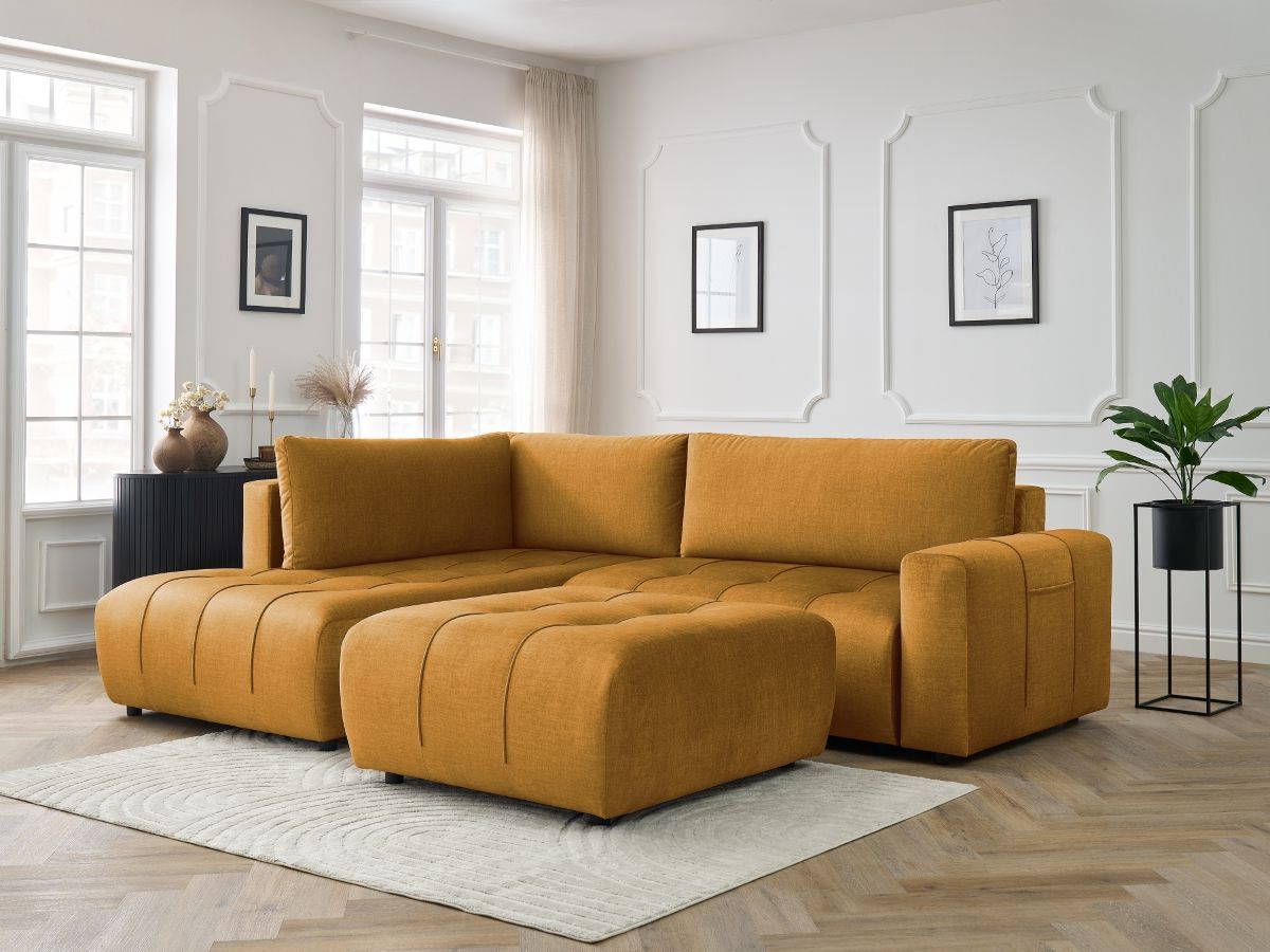 Bobochic Arsene Ecksofa mit Schlaffunktion und Bettkasten und Pouf 277 × 200 cm Samt Gelb Ecke links