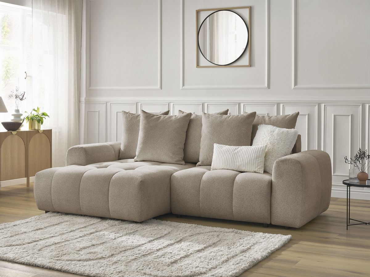 Bobochic Roxelane Ecksofa mit Schlaffunktion und Bettkasten 258 × 150 cm Melange-Stoff Taupe Ecke links