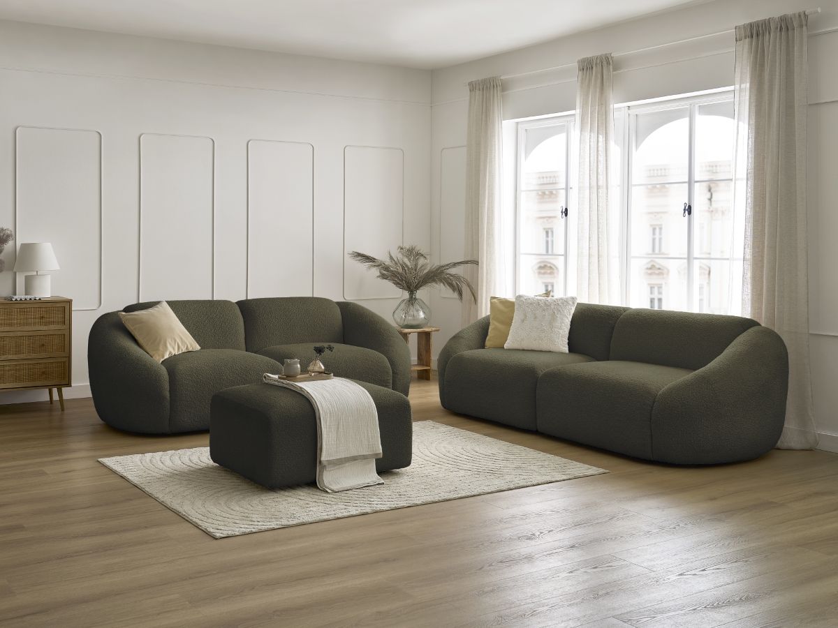 Bobochic Tina Sofa 6-Sitzer mit Pouf Bouclé-Stoff Grün