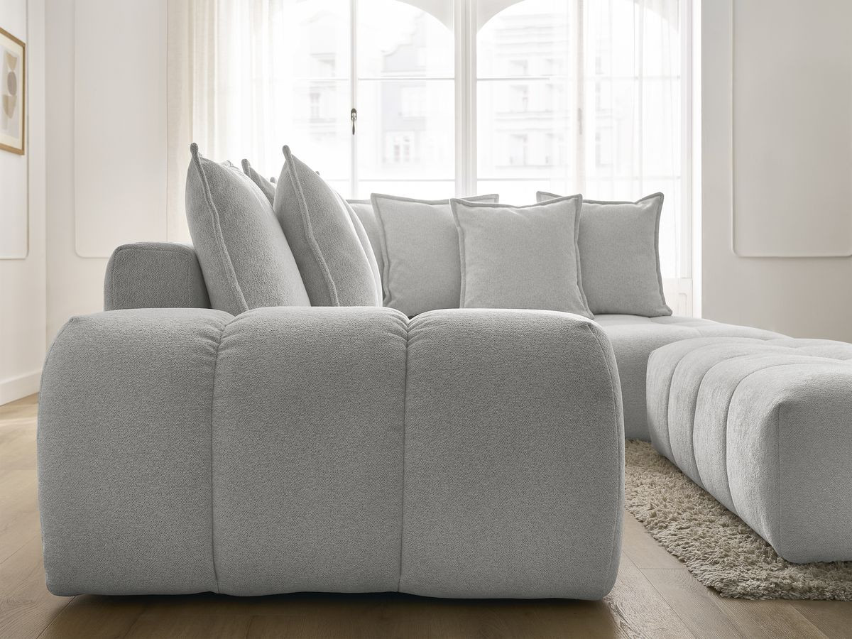Bobochic Everest Ecksofa mit Schlaffunktion und Bettkasten und Pouf 320 × 212 cm, 10 Kissen Melange-Stoff Hellgrau Ecke rechts