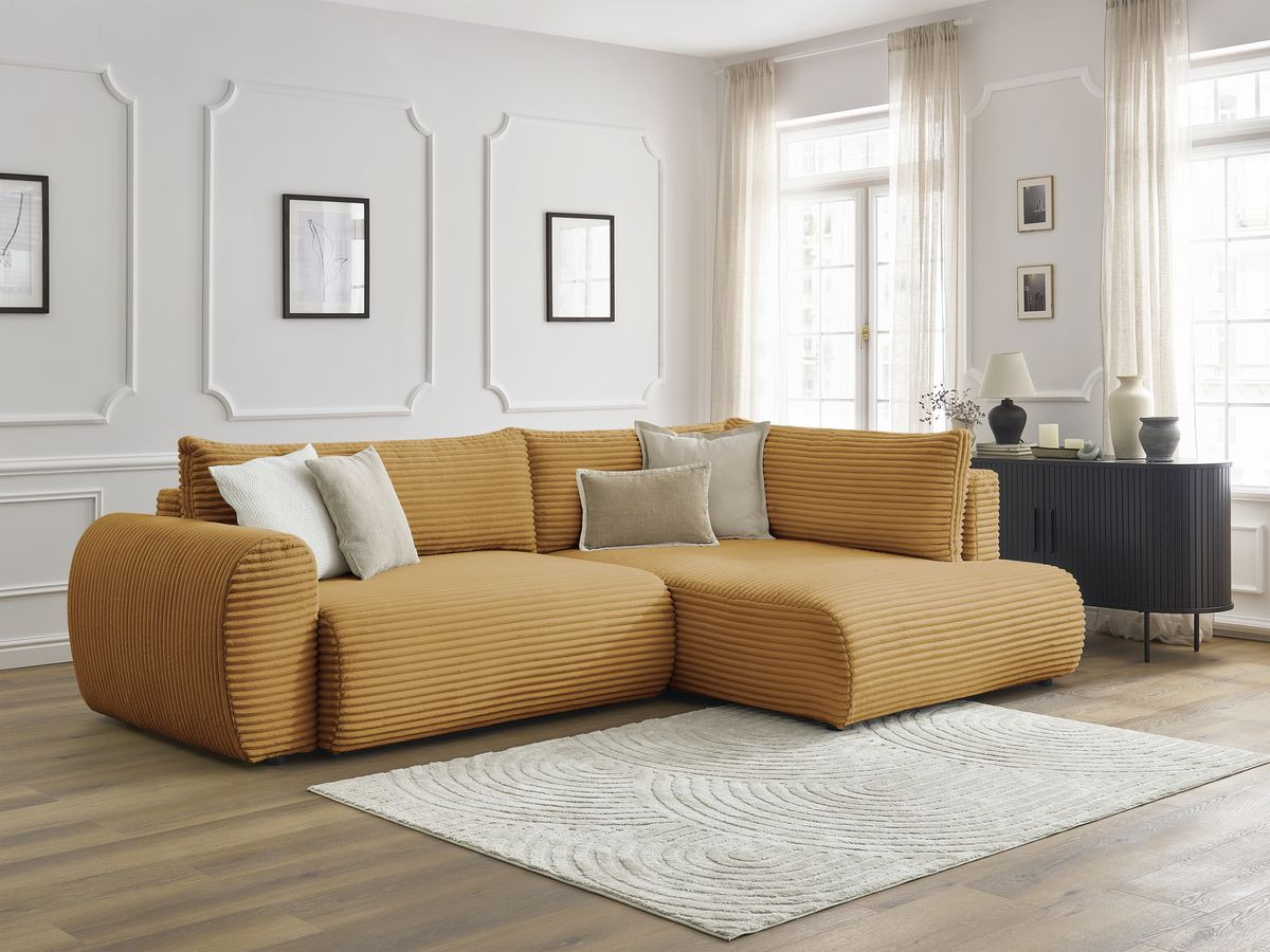 Bobochic Lucien Ecksofa mit Schlaffunktion und Bettkasten 296 × 198 cm Breitcord weich Gelb Ecke rechts