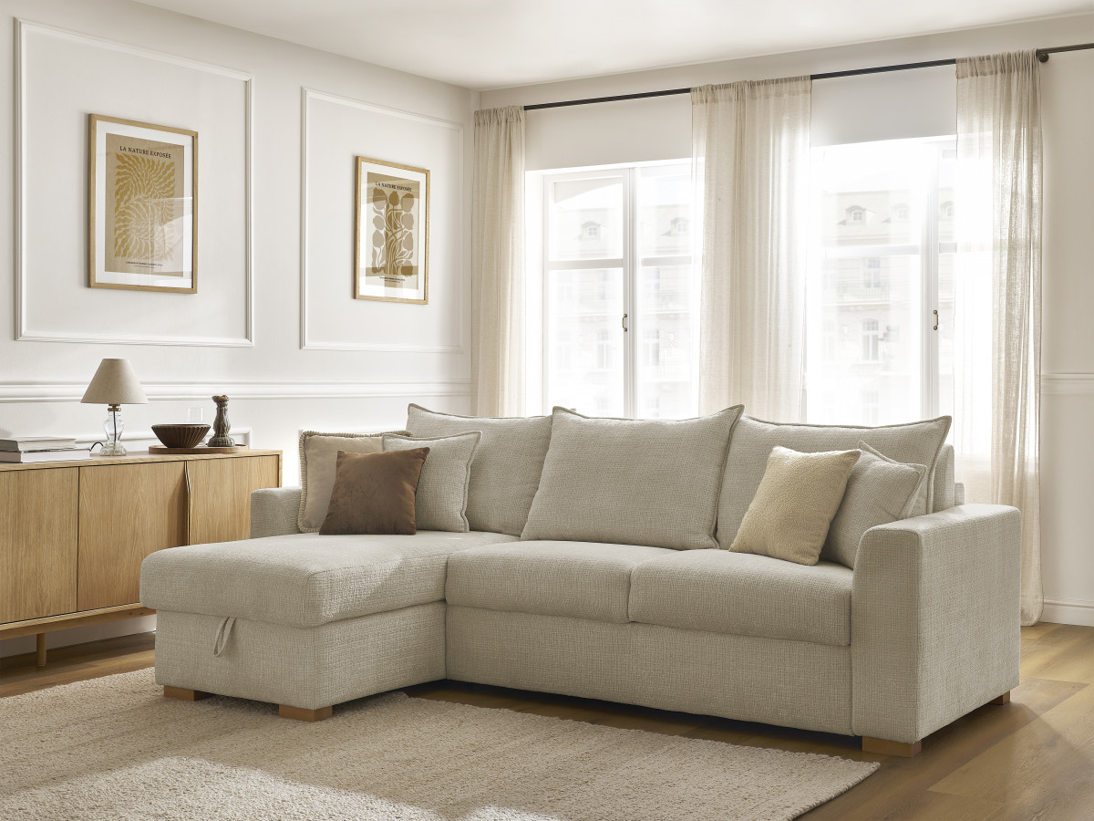Bobochic Augustin Ecksofa mit Schlaffunktion und Bettkasten Strukturstoff Beige, Liegefläche 160 × 200 cm