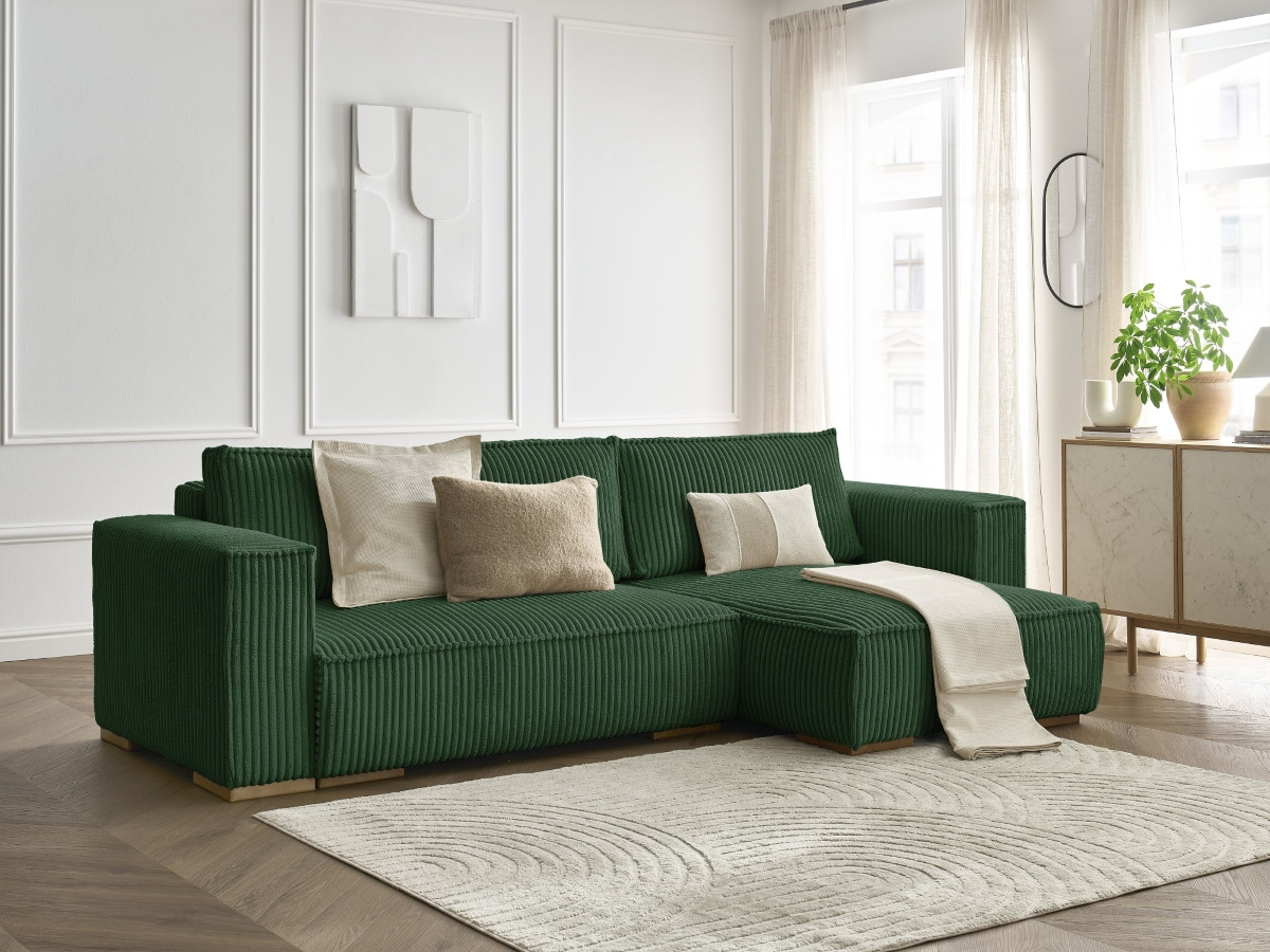 Bobochic Chelsea Ecksofa mit Schlaffunktion und Bettkasten Breitcord weich Grün