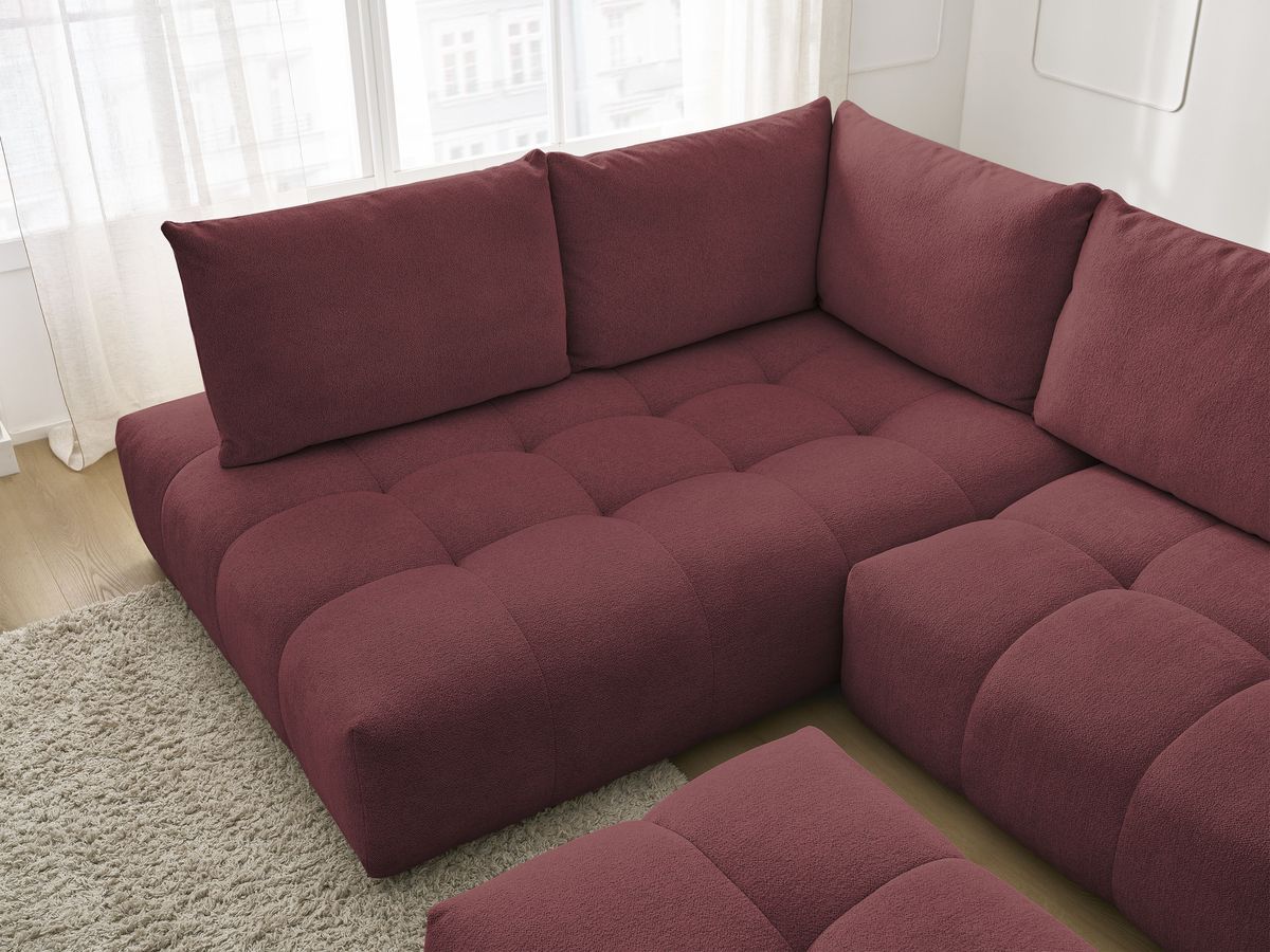 Bobochic Everest Ecksofa mit Schlaffunktion und Bettkasten und Pouf 320 × 212 cm, 5 Kissen Melange-Stoff Rot Ecke links