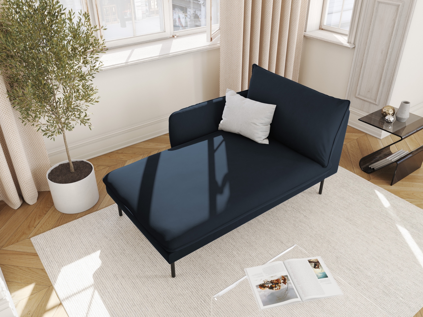 Cosmopolitan Design Chaiselongue Vienna Samt Bluvel Dunkelblau Links Beine Schwarzes Metall