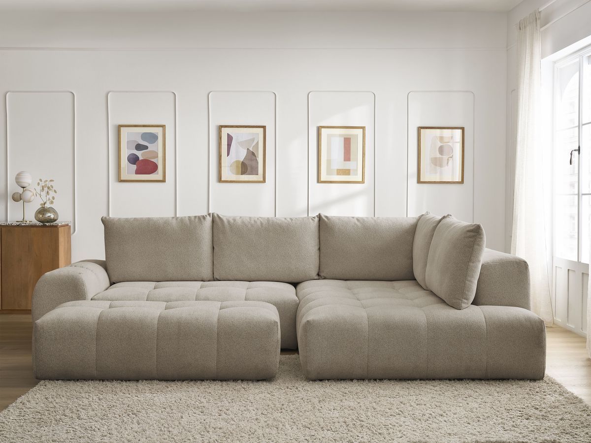 Bobochic Everest Ecksofa mit Schlaffunktion und Bettkasten und Pouf 320 × 212 cm, 5 Kissen Melange-Stoff Taupe Ecke rechts
