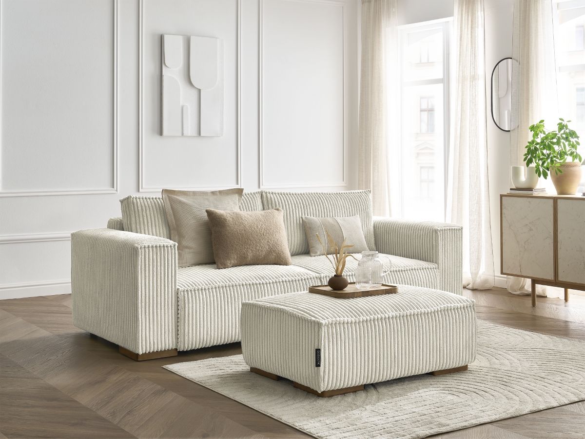 Bobochic Chelsea Schlafsofa 4-Sitzer mit Bettkasten und Pouf Breitcord weich Beige