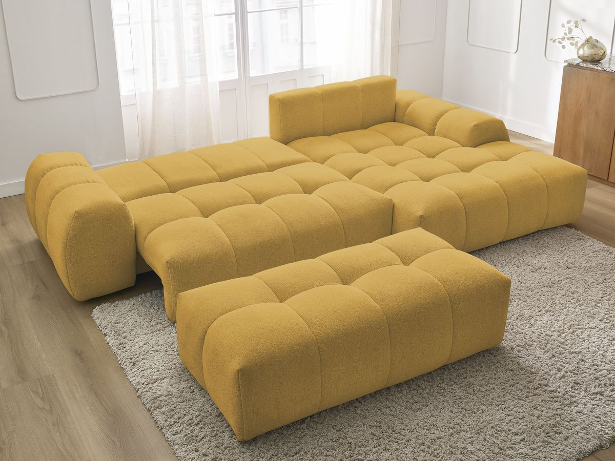 Bobochic Everest Ecksofa mit Schlaffunktion und Bettkasten und Pouf 318 × 180 cm, 7 Kissen Melange-Stoff Gelb Ecke rechts