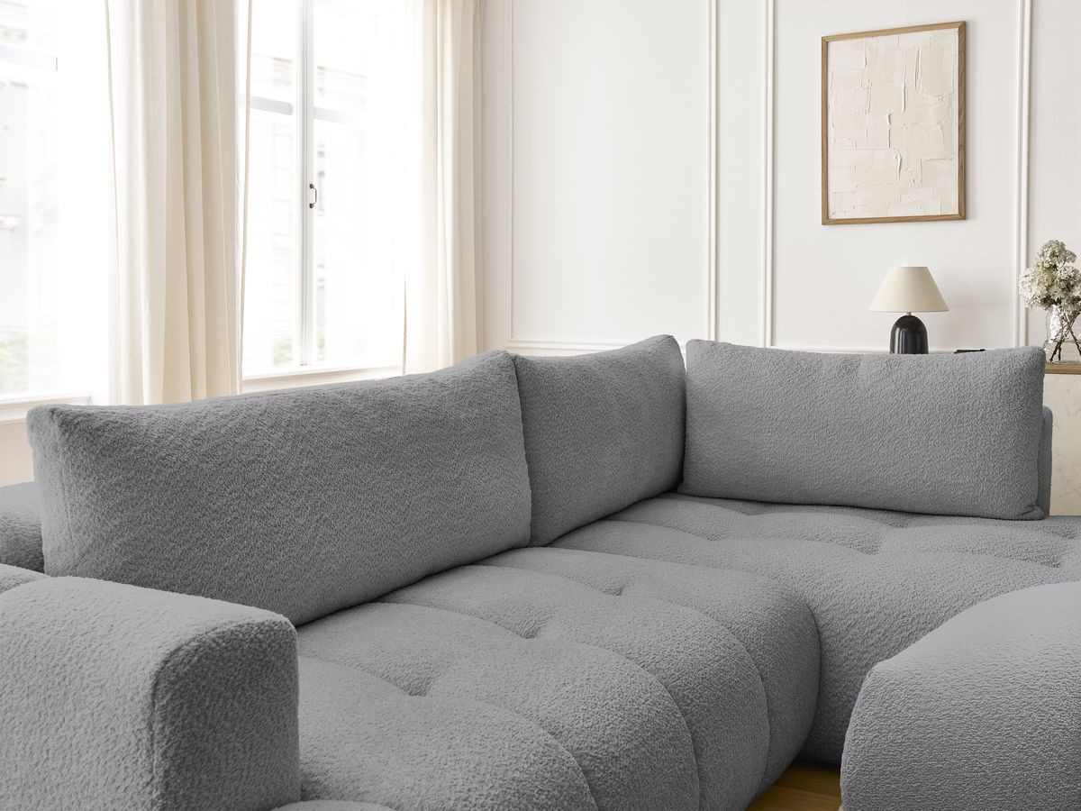 Bobochic Fuji Ecksofa mit Schlaffunktion und Bettkasten und Pouf 282 × 204 cm Bouclé-Stoff Dunkelgrau Ecke rechts