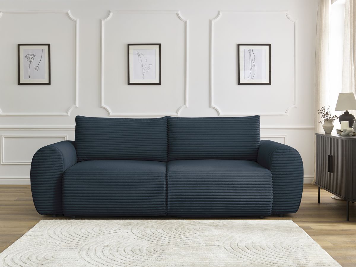 Bobochic Lucien Schlafsofa 3-Sitzer mit Bettkasten Breitcord weich Dunkelblau