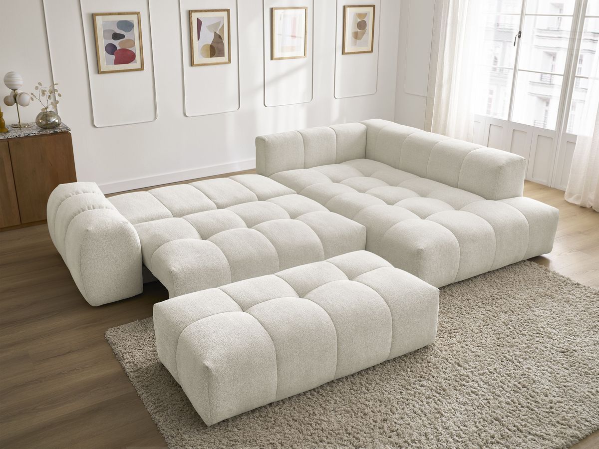 Bobochic Everest Ecksofa mit Schlaffunktion und Bettkasten und Pouf 320 × 212 cm, 10 Kissen Melange-Stoff Weiß Ecke rechts