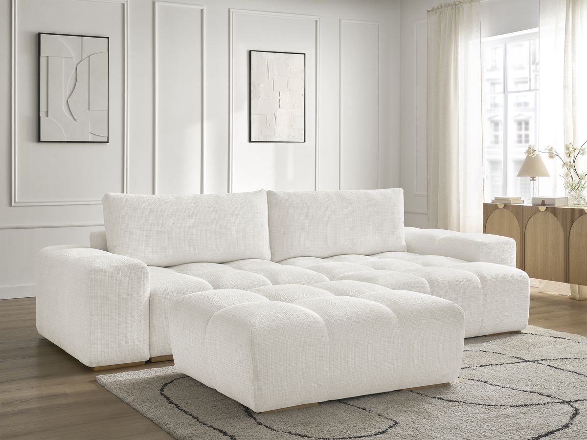 Bobochic Anakin Ecksofa mit Schlaffunktion und Bettkasten und Pouf, 2 Kissen Strukturstoff Weiß