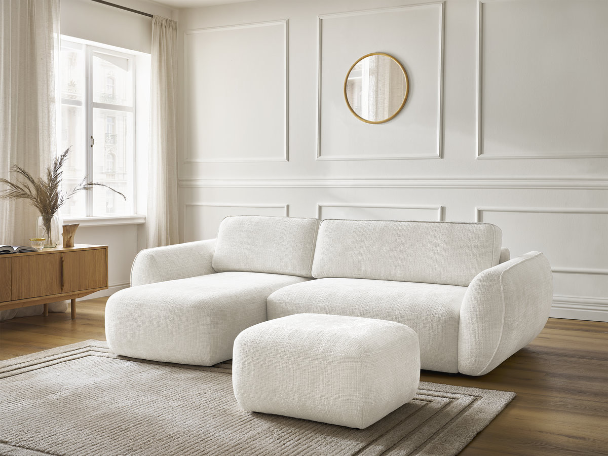 Bobochic Denise Ecksofa mit Schlaffunktion und Bettkasten und Pouf 258 × 160 cm Strukturstoff Weiß Ecke links