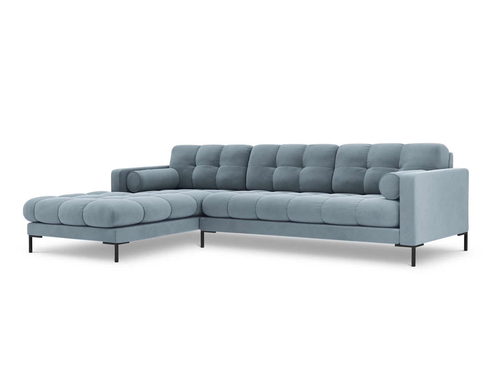Cosmopolitan Design Ecksofa Bali 5-Sitzer Samt Bluvel Hellblau Links Beine Schwarzes Metall