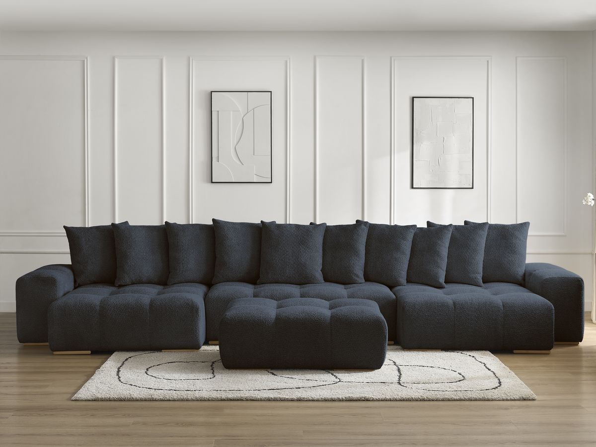 Bobochic Anakin Wohnlandschaft mit Pouf, Liegefläche 137 × 382 cm, 10 Kissen Bouclé-Stoff Dunkelblau
