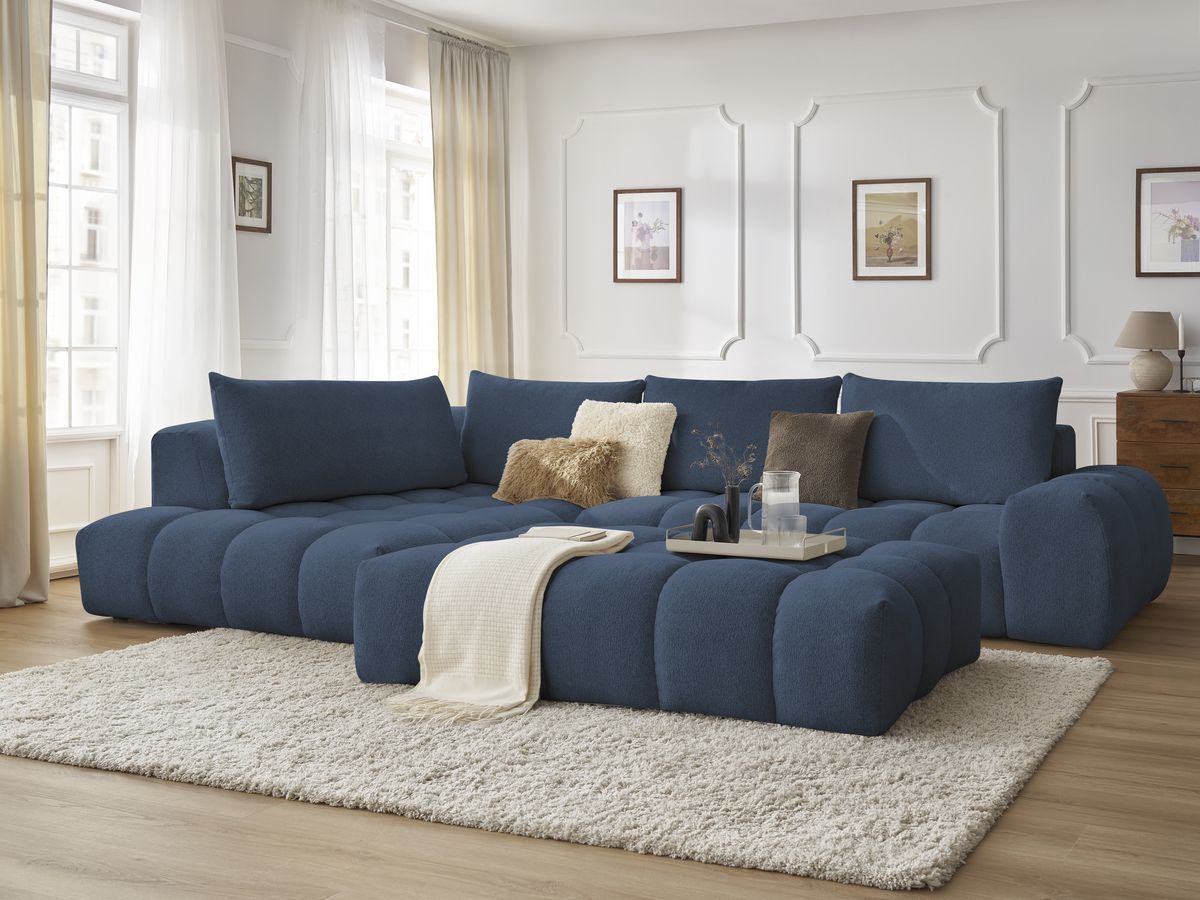 Bobochic Everest Ecksofa mit Schlaffunktion und Pouf, 4 Kissen Melange-Stoff Dunkelblau Ecke links