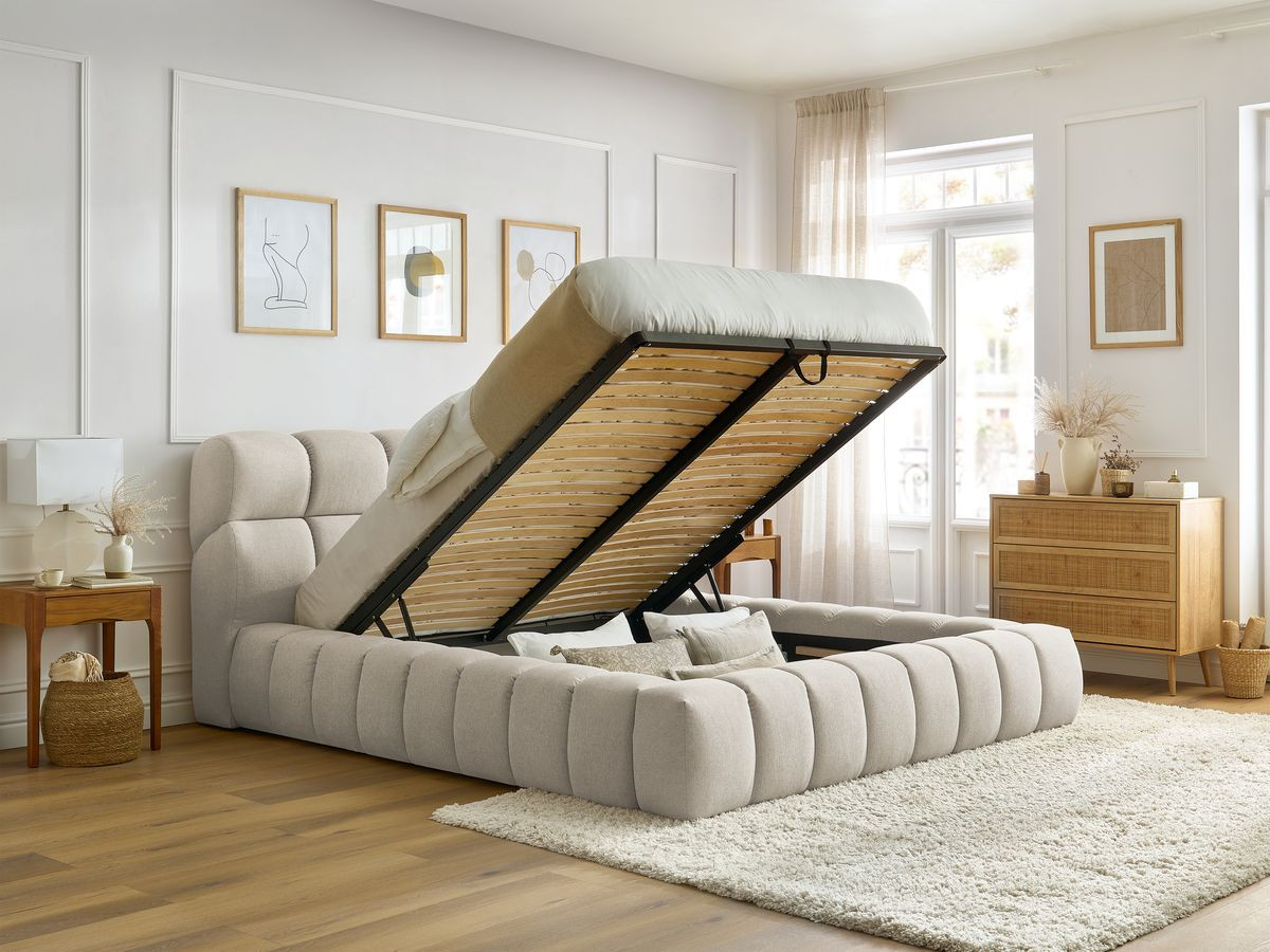 Bobochic Mont-blanc Polsterbett mit Bettkasten Stoff Beige, Liegefläche 140 × 190 cm