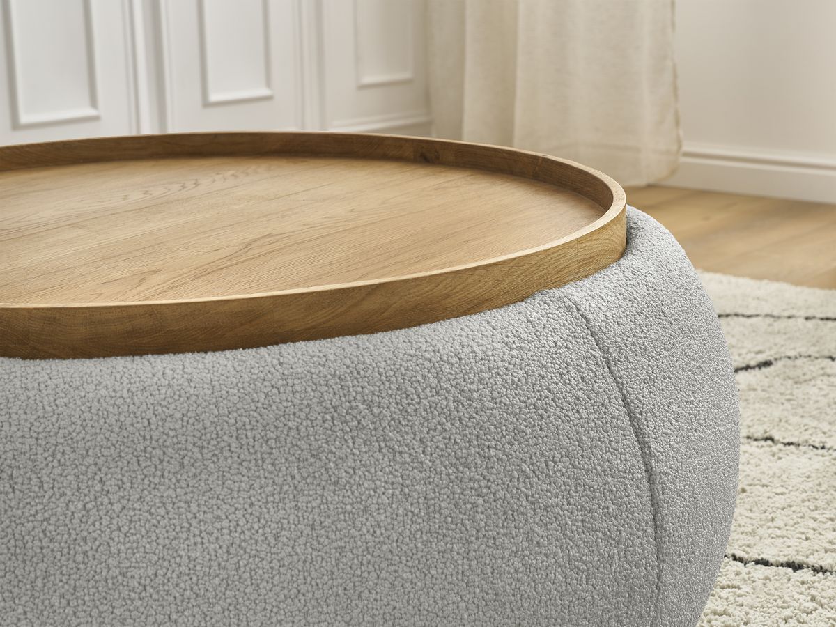 Bobochic Hayden Pouf mit Tablett, rund Bouclé-Stoff Hellgrau, 87 cm