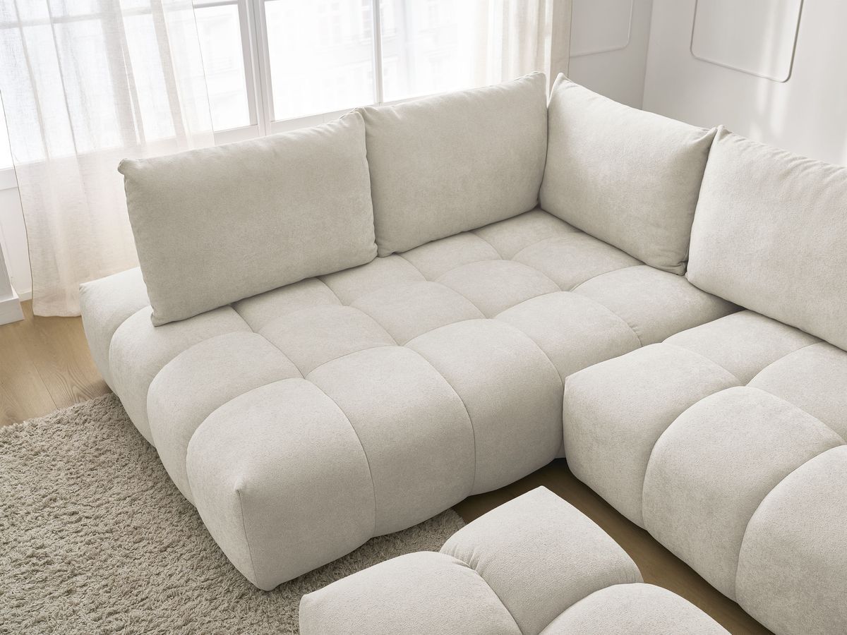 Bobochic Everest Ecksofa mit Schlaffunktion und Bettkasten und Pouf 320 × 212 cm, 5 Kissen Strukturstoff Beige Ecke links