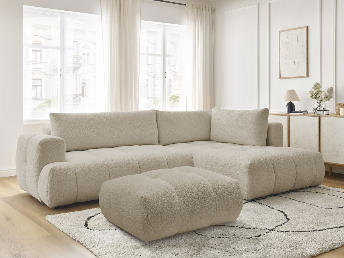Bobochic Fuji Ecksofa mit Schlaffunktion und Bettkasten und Pouf 282 × 204 cm Bouclé-Stoff Beige Ecke rechts