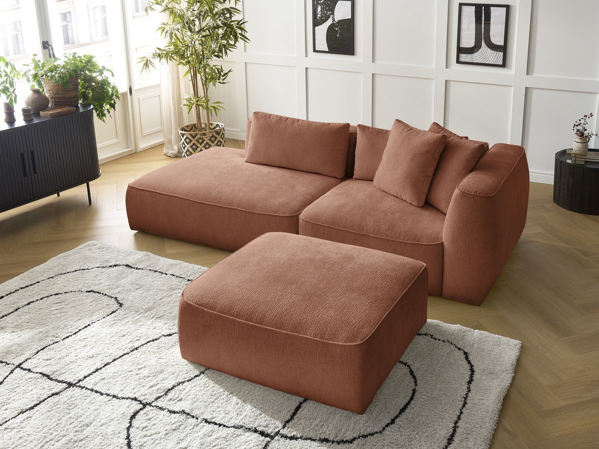 Bobochic Leopold Sofa 4-Sitzer mit Pouf Strukturstoff Orange Armlehne rechts
