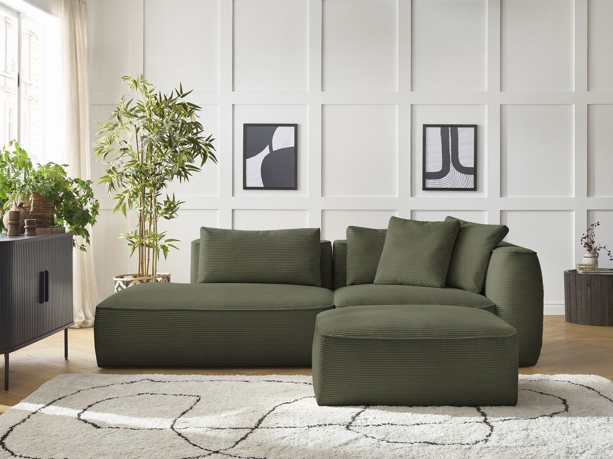 Bobochic Leopold Sofa 4-Sitzer mit Pouf Cordsamt Hellgrün Armlehne rechts