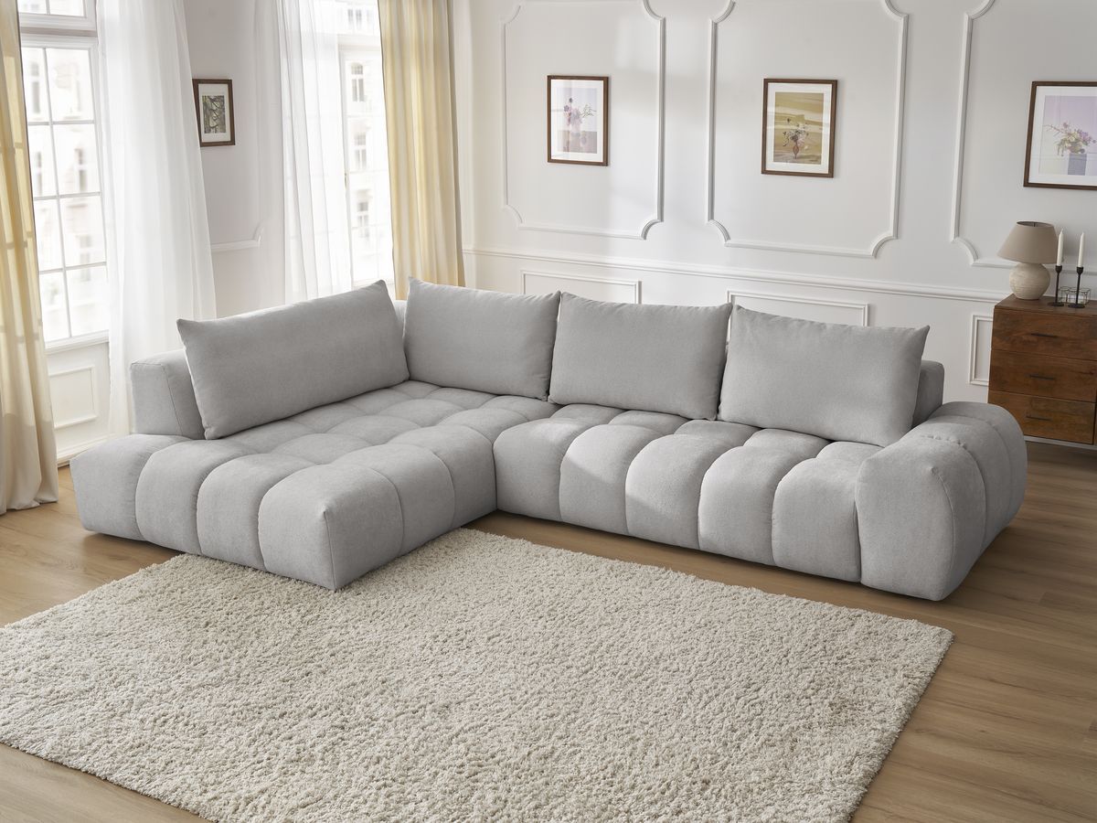 Bobochic Everest Ecksofa, 4 Kissen Strukturstoff Hellgrau Ecke links