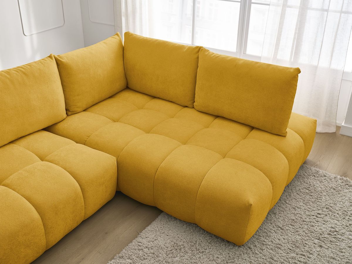 Bobochic Everest Ecksofa mit Schlaffunktion und Bettkasten 320 × 212 cm, 5 Kissen Strukturstoff Gelb Ecke rechts