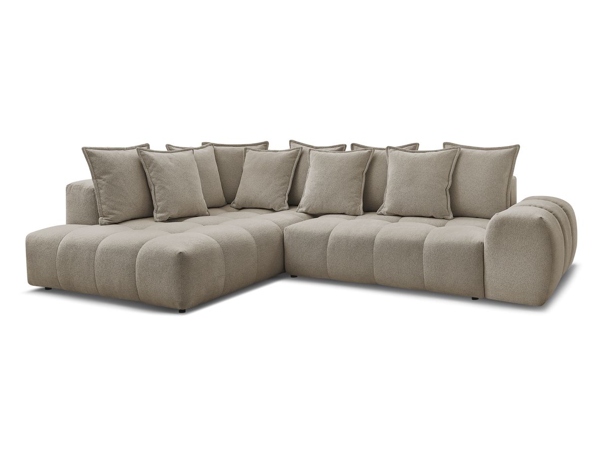 Bobochic Everest Ecksofa mit Schlaffunktion und Bettkasten 320 × 212 cm, 10 Kissen Melange-Stoff Taupe Ecke links