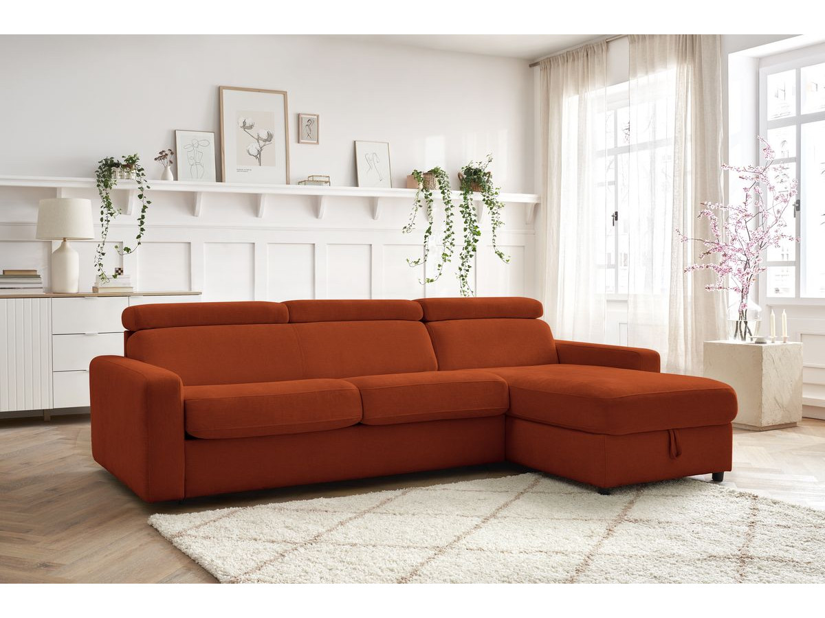 Bobochic Monaco Ecksofa mit Schlaffunktion und Bettkasten Stoff Orange, Liegefläche 160 × 190 cm