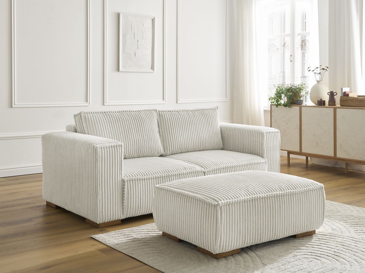 Bobochic Chelsea Sofa 3-Sitzer mit Pouf Breitcord weich Beige