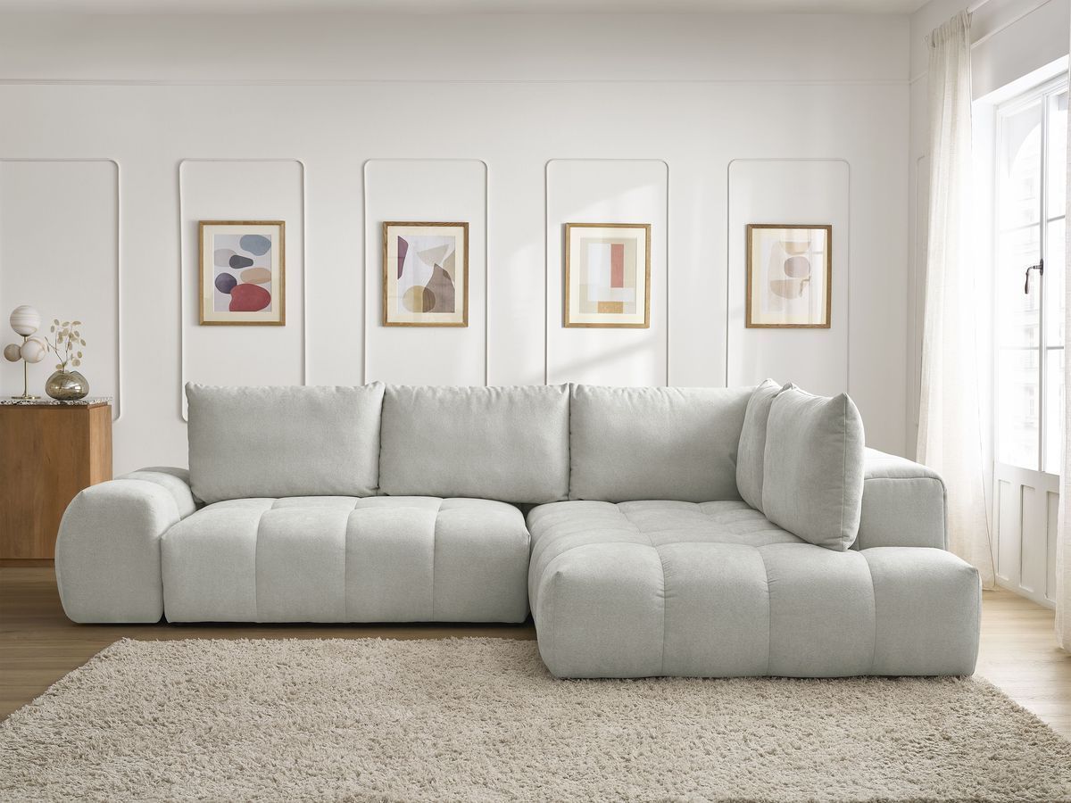 Bobochic Everest Ecksofa mit Schlaffunktion und Bettkasten 320 × 212 cm, 5 Kissen Strukturstoff Hellgrau Ecke rechts